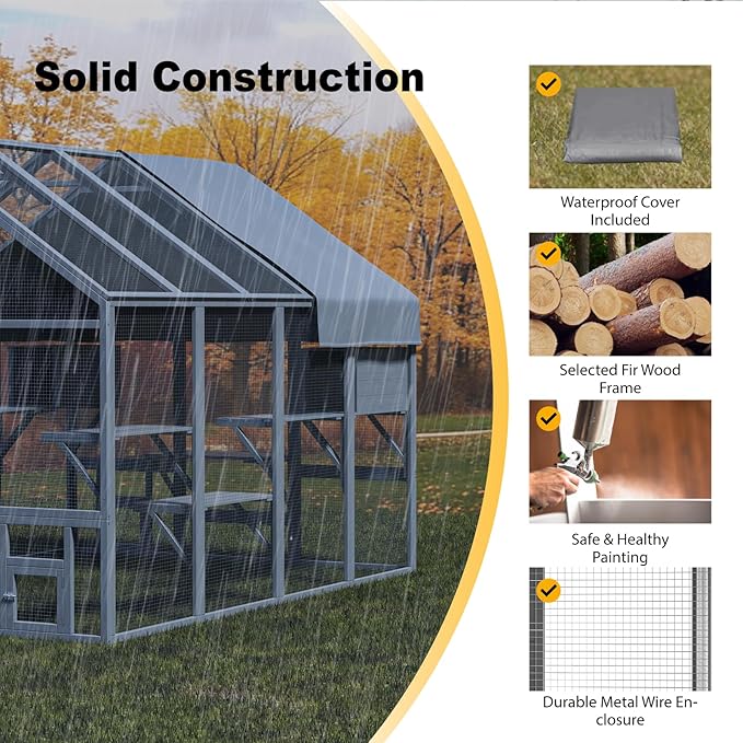 Cat Catio, Large Catio Outdoor Cat Enclosure for Multiple Cats with 7 Platforms, 2 Resting Box and 2 Bridges, Wooden Feral Cats Shelter with Waterproof and UV Proof Canopy, 71 x 71 x 97 inch