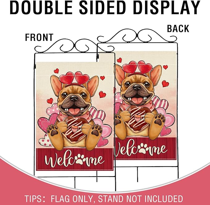 Artofy Welcome Valentines Day French Bulldog Dog Large Decorative House Flag, Red Pink Heart Yard Garden Outside Decor Pet Lover Gift, Anniversary Wedding Outdoor Home Decoration Double Sided 28 x 40