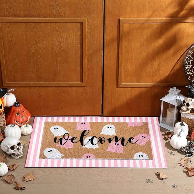 Tinideya 2 Pcs Door Mat Welcome Non Slip Coir Mats Floor Layering Doormats Seasonal for Front Porch Entryway Decor(Pink White Ghost)