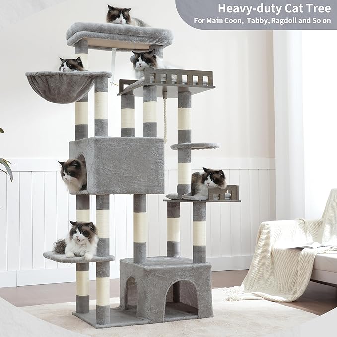Maine Coon Cat Tree, Heavy Duty Cat Tree for Indoor Cats Large Adult, Cat Tower for Large Cats 20 lbs+ with Hammock, 2 Big Perches, 2 Cat Condos, 15 Scratching Posts, Light Gray GCT033W