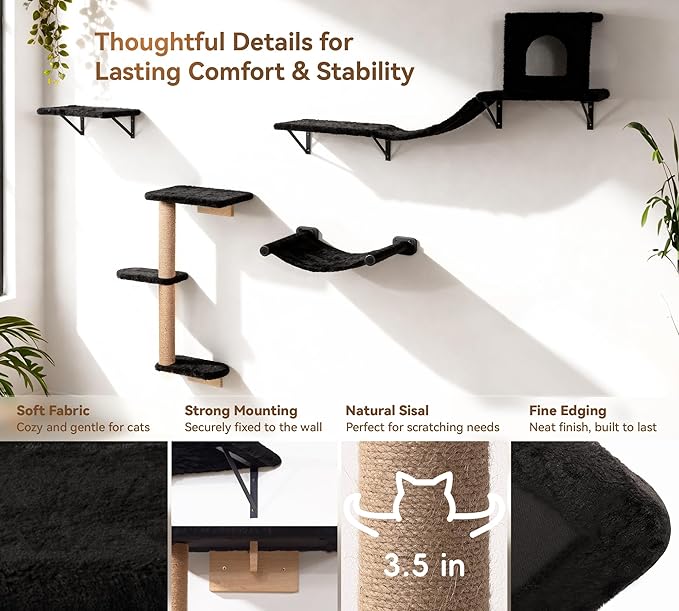 Wall Mounted Cat Furniture Set of 4 – 4 in 1 Cat Wall Shelves with Hammock, Bridge, Climbing Tree & Perch – Shelves for Large Cats, Holds Up to 30 lbs, Indoor Playground