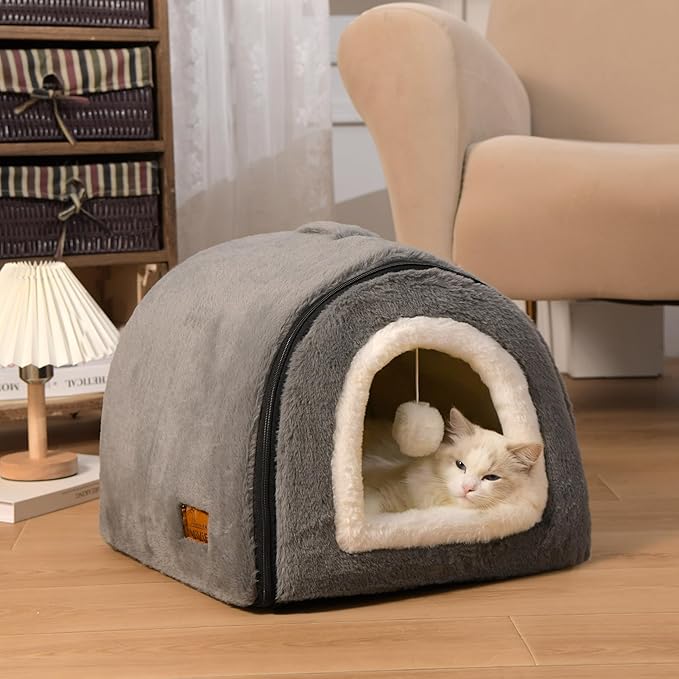 Cat Bed for Indoor Cats，Foldable cat cave，Anti-Slip & Water-Resistant Bottom，cat Houses for Indoor Cats or Small Dogs, Kitten Tent, Rabbit Bed (Dark Grey, L:(17.5"×16.9"×15.9"))
