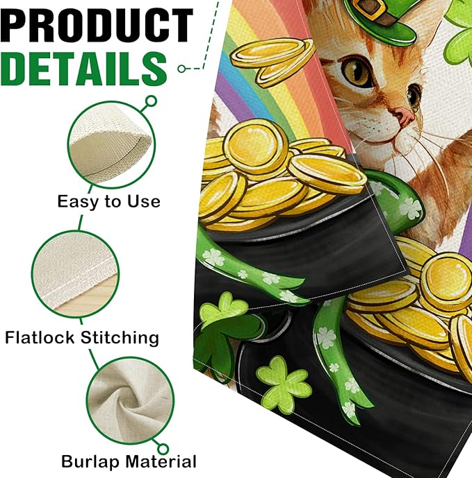 Dyrenson Happy St Patricks Day Orange Cat 28 x 40 House Flag Double Sided, Pet Rainbow Pot of Gold Garden Yard Decoration, Spring Irish Shamrock Clover Burlap Outdoor Decor Decorative Large Flag