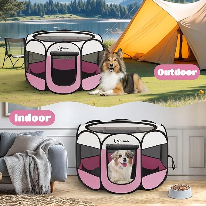 Pink Puppy Playpen for Large Dog Cat, Dog Tent Crates Cage Indoor/Outdoor, Portable Pop Up Dog Kennel with Carrying Bag for Rabbits, (Pink, Large)