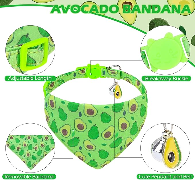 EXPAWLORER Cute Cat Collar Breakaway with Bells - 2 Pack Fruit Adjustable Pet Collar with Removable Bow Tie and Bandana, Safety Buckle for Girl Boy Cats Kitten, Avocado