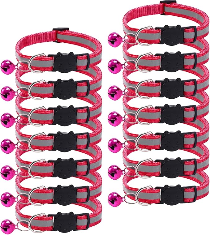 14 Pack Breakaway Cat Collar with Bell, Reflective Kitten Collar for Girl Boy Cats, Safety Buckle Adjustable 7.5-12.5 Inch, 0.4 Inch Width Lightweight, Pet Gifts (Rose)