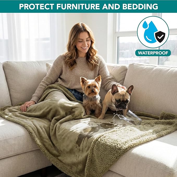 PetAmi Waterproof Dog Blanket for Medium Large XL Dog Puppy Cat Throw for Couch Cover Leakproof Protection, Sherpa Fleece, Reversible Soft Washable 80x60 Taupe Taupe