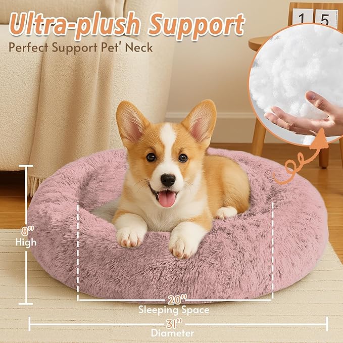 JOLLYVOGUE Calming Dog Bed Medium Size Dog, Anti-Anxiety Donut Medium Pet Bed, 31 inches Fluffy Faux Fur Round Cat Bed, Fits up to 45 lbs Pets (Dark Pink)