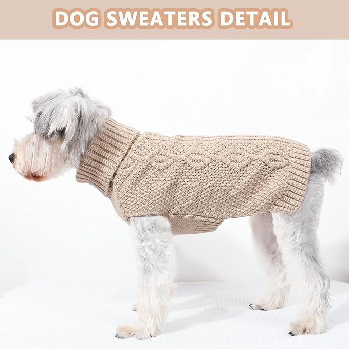 Knitted Dog Sweaters for Small Dogs Warm Small Dog Clothes Winter Sleeveless Puppy Sweater Turtleneck Dachshund Clothes with Twisted Design Doggy Pullover Knitwear Pet Cat Outfit (Beige, Medium)