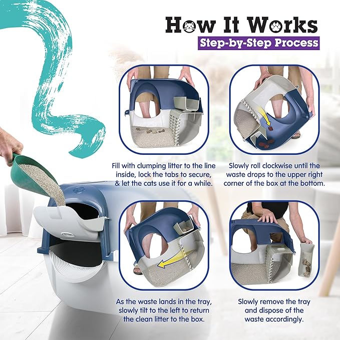 Omega Paw Roll N Clean Complete Self Cleaning Litter Box with New Bag System, Litter Step, Sifting Grate, and Pullout Waste Tray with 100 Bags, Blue