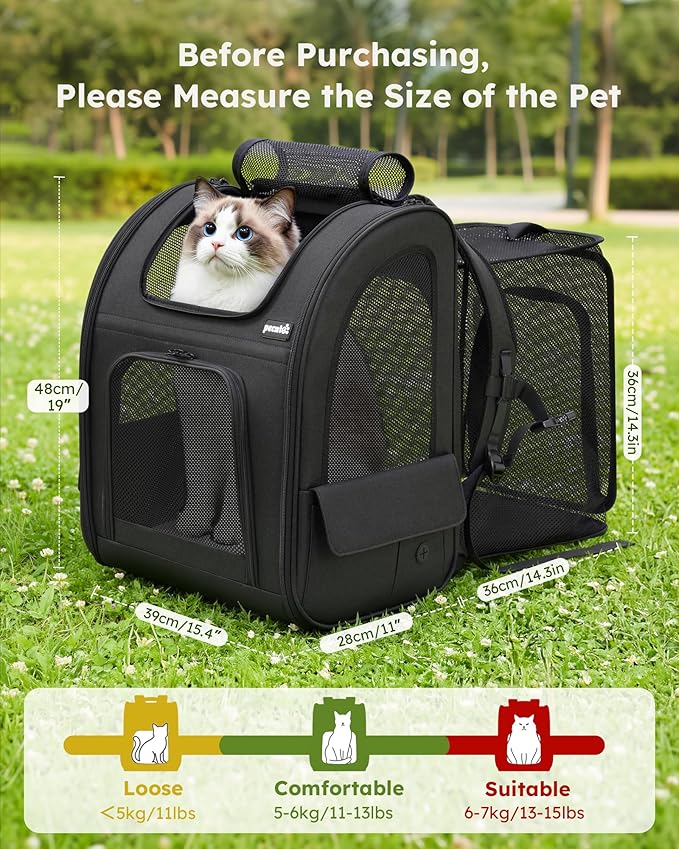Pecute Cat Backpack Carrier XL, Expandable Pet Backpack for Cats & Small Dogs Up to 15lbs, with 4-Side Breathable Mesh, Multi-Entry & Lockable Zippers for Travel, Hiking, Camping - Hands Free, Black