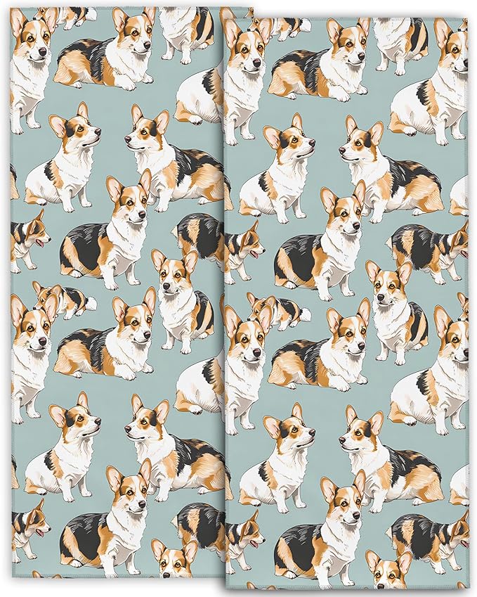 Cute Corgi Hand Towels - 2 Pack, 14.5" X 28",Soft Microfiber Polyester Light Blue Towel Set with Dog-Lover,for Fun Bathroom Kitchen Spa Hotel Decor Gifts Women Girls
