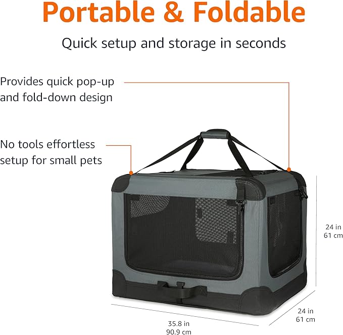 Amazon Basics 4-Door Portable Folding Soft Dog Crate, Collapsible Travel Kennel for Cat, Dog, and Small Animals, Pop Up with Fleece Mat, Water-Resistant Base, Grey, 36" x 24" x 24"