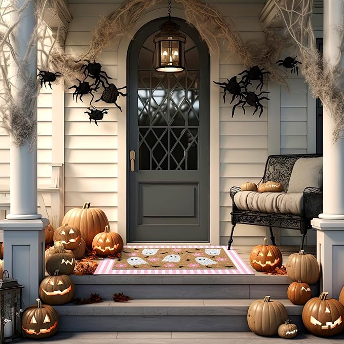 Tinideya 2 Pcs Door Mat Welcome Non Slip Coir Mats Floor Layering Doormats Seasonal for Front Porch Entryway Decor(Flower Ghost)