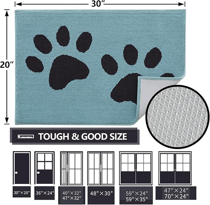 Buganda Dog Door Mat for Muddy Paws, Absorbent Dirt Trapper Washable Indoor Doormats, Non Slip Low-Profile Mud Mat for Dogs, Front Entrance Doormat for Inside Floor (30x20 Inches, Blue)