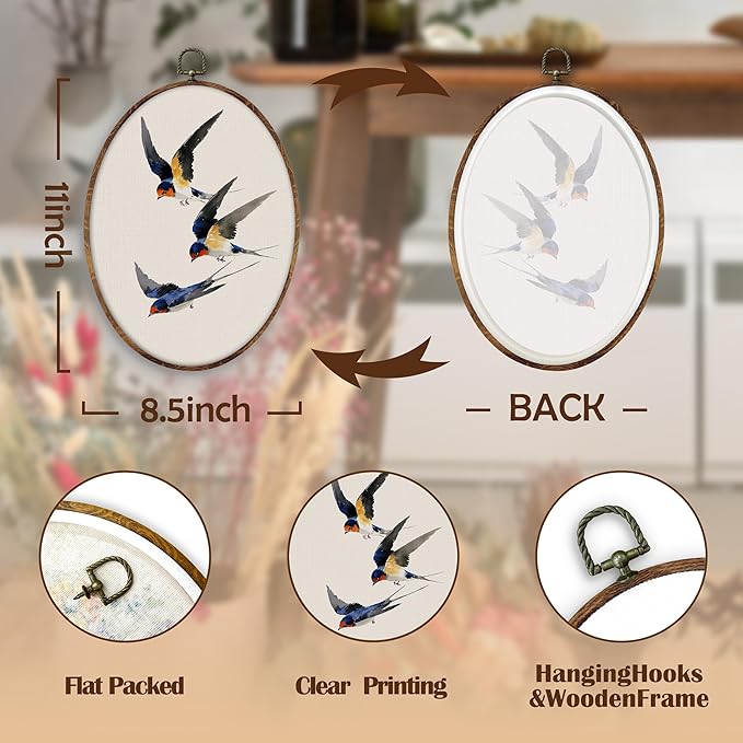 DILSJ Vintage Swallow Bird Oval Wall Art Decor, Rustic Nature Bird Canvas Wall Art Framed, Watercolor Japanese Swallow Hanging Decorations for Home Living Room Bedroom, 11x8.5 Inch