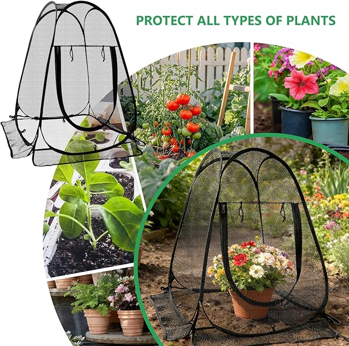 2 Pack 28 x 28 x 32 Inch Pop-up Gardening Net Cover with 8 Extended Stakes, Windproof Blizzard-Resistant, Plant Tent Cage for Vegetable Flower Fruit, Guard from Bird and Pest