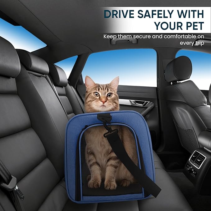 Pet Travel Carrier Bag – Airline Approved Soft-Sided Dog & Cat Carrier, Foldable, Breathable Mesh, Washable Pad – Fits Pets up to 15 lbs – The Pup Quartet (Blue)