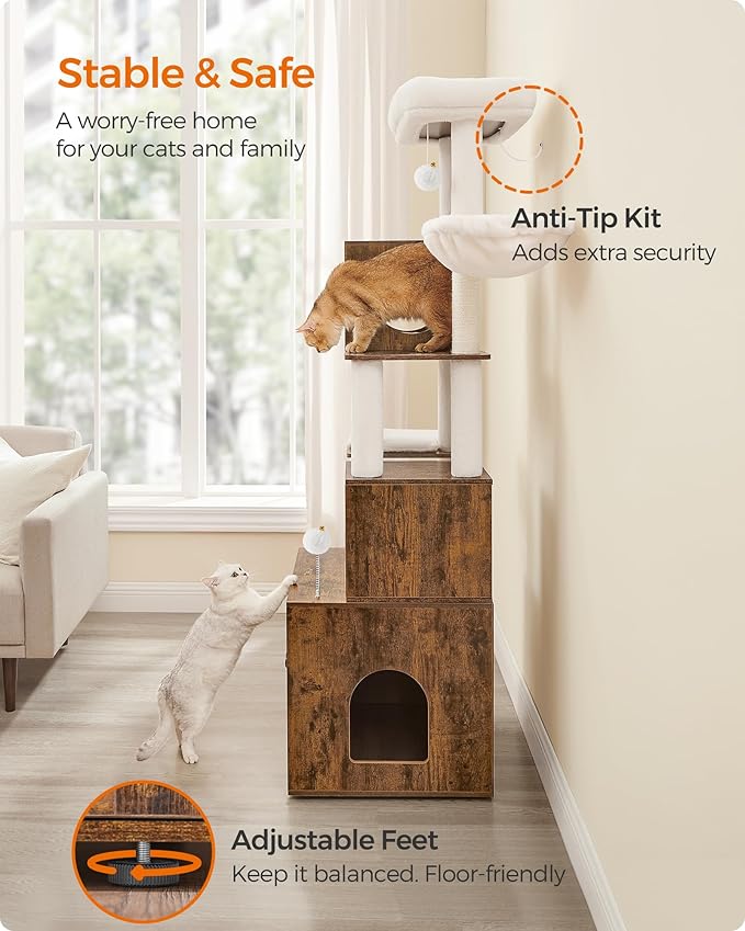 Feandrea Cat Tree with Litter Box Enclosure, 70.1-Inch Tall Cat Tower, 2-in-1 Modern Condo with Scratching Posts, Perch, Caves, Basket, Washable Cushion, Rustic Brown UPCT116X01