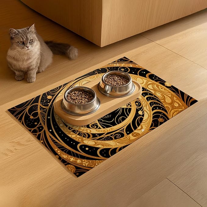Cat Feedings Mats 20x12 inch Golden Cat Print Pet Bowl Placemat Non Slip Mat for Cats Food and Water Indoor Kitty Feeding Station Elegant Cats Meal Mat for Small Pets Kitchen Floor Use