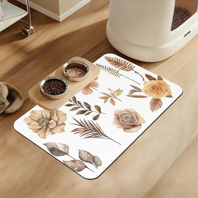 Floral Palm Leaves Dog Cat Food Mat–Christmas Stocking Absorbent Waterproof Placemat for Food and Water Bowls, Non Slip Rubber Backing, Feeding Mat for Clean Floors 12"x20"