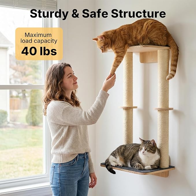 Veehoo Cat Wall Shelves, 28.3" Cat Wall Climber with Dual Sisal Scratching Posts and Carpeted Perch, Cats Wall Scratcher Furniture for Climb, Play and Rest