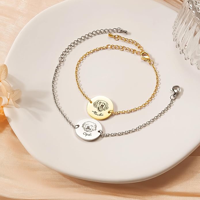 Anavia Personalized Pet Portrait Bracelet, Handmade Engraved Stainless Steel Round Disc Bracelet, Sketch Style Photo Pet Memorial Jewelry Gift for Animal Cat Dog Lovers