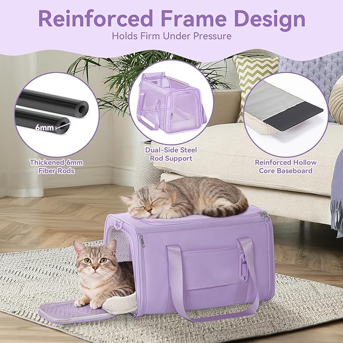 PETSFIT Soft-Sided Cat Carrier with Patented Safety Buckles, Lockable Zippers & Safety Tether,Escape-Resistant Travel Pet Carrier for Car Rides & Vet Visits, Airline Approved Under-Seat, Up to 12 lbs