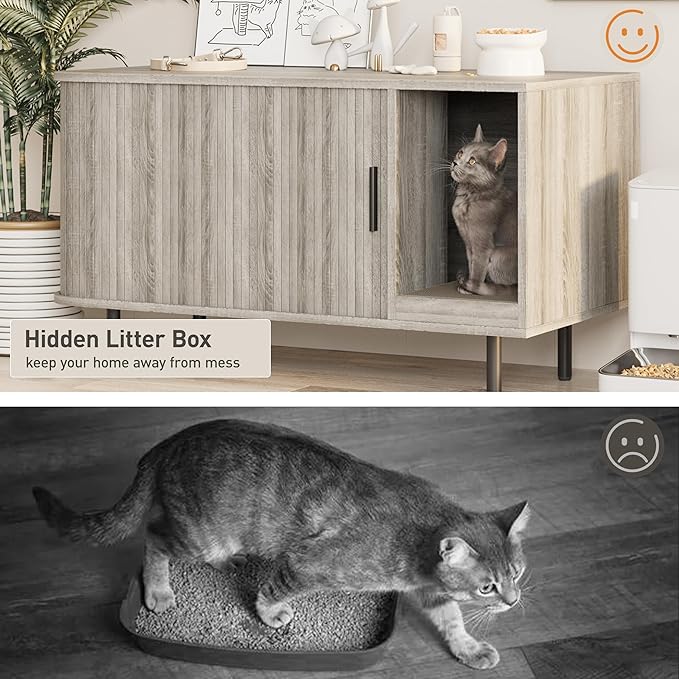 Cat Litter Box Enclosure with Cat Scratch Pad, Sliding Door, 37.4" Litter Box Enclosure Furniture Hidden Litter Box, Modern Indoor Cat House, TV Stand, Side End Table for Living Room, Grey