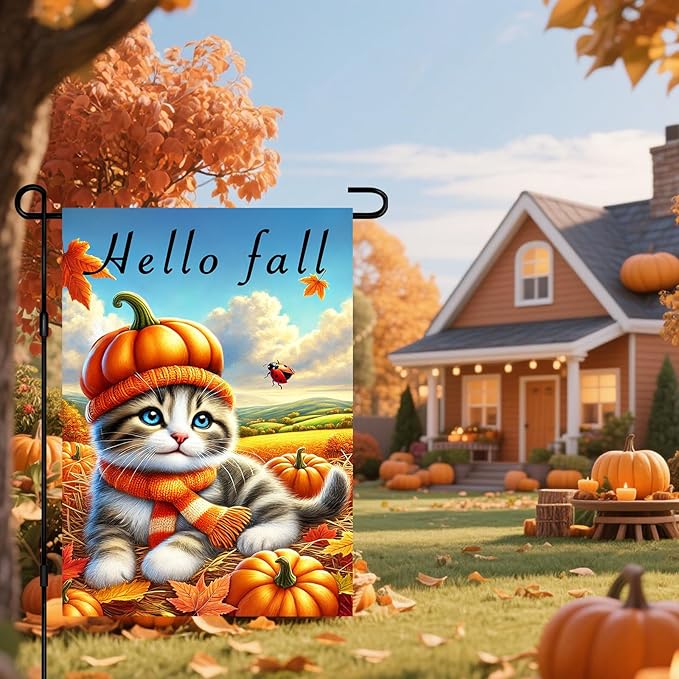 Hello Fall Garden Flag Cute Kitten Pumpkin Hat Scarf Flag 12x18 Inch Autumn Pet Decor Double Sided Outdoor Banner For Front Yard Porch Lawn Patio Seasonal Home Decor for autumn