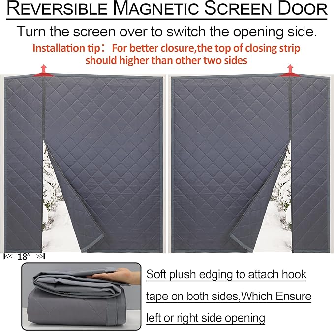 Reversible Wide Magnetic Thermal Insulated Door Curtain for Winter,Thicken Polyester Fiberfill & Heavy Duty Oxford Cloth,Temporary Window Insulation Cover Curtain for French Sliding Door,74”x81,Grey