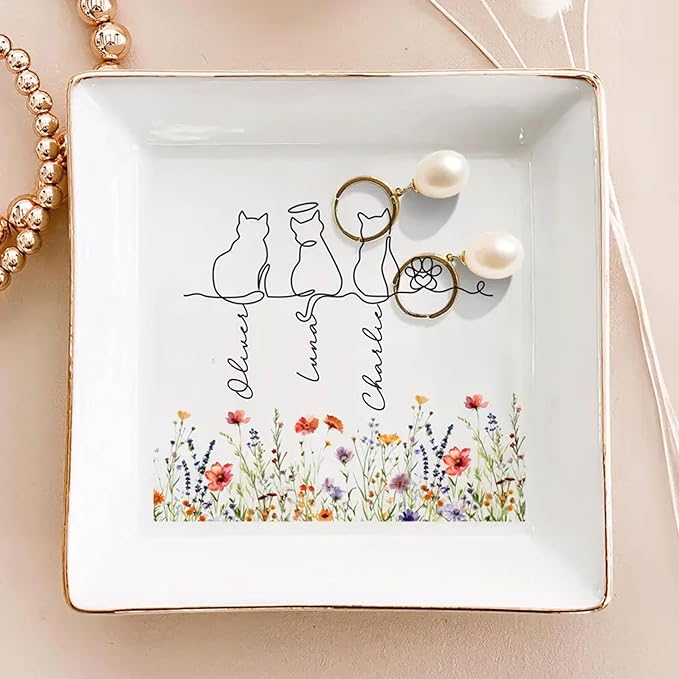 Personalized Pet With Name Jewelry Dish, Custom Cat Floral Ring Dish, Kitty Lover Gift, Unique Cat Lover Presents, Gifts For Kitten Owner Pet Lover, Decorative Trinket Holder for Vanity
