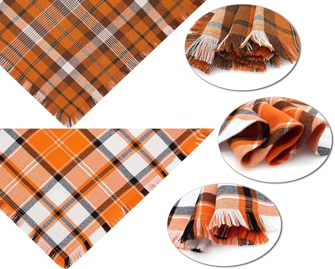 Fall Dog Bandanas,Autumn Halloween Orange Plaid Scarf,Triangle Holiday Thanksgiving Outfit for Boy and Girl Dogs,Pet Costumes for Medium to Large Dogs,2PCS Double-Sided Plaid Design with Tassels