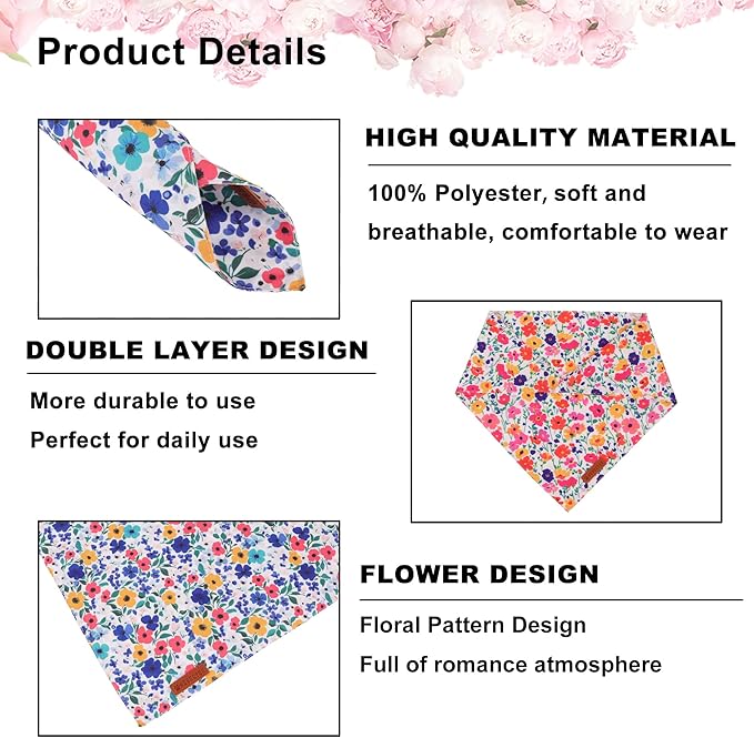 ADOGGYGO Floral Dog Bandanas 2 Pack, Reversible Cute Flower Scarf, Premium Fabric, Adjustable Fit Pink Blue Floral Bandanas for Small Dogs (Small)