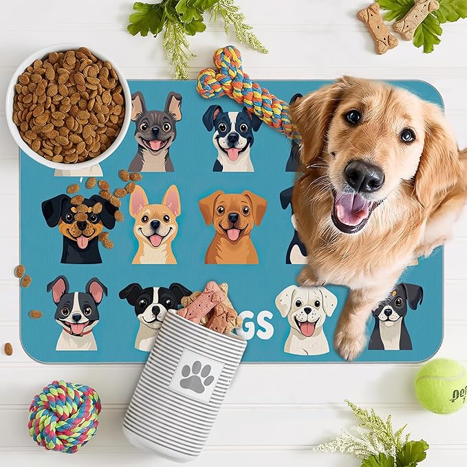 Cute Dog Cat Food Mat,Absorbent Pet Feeding Mat with Rubber Backing,Non-Slip Water Bowl Placemat,Indoor Pet Accessories Supplies 16"x24"