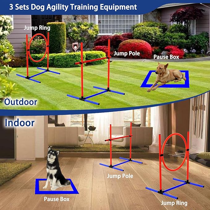 Dog Agility Training Equipment, Dog Obstacle Course Training Starter Kit Pet , Jump Pole, Jump Ring, Pause Box,Storage Bag,Dog Agility Course,Dog Hurdles,Dog Jumps,Outdoor or Indoor Game(3-Sets)
