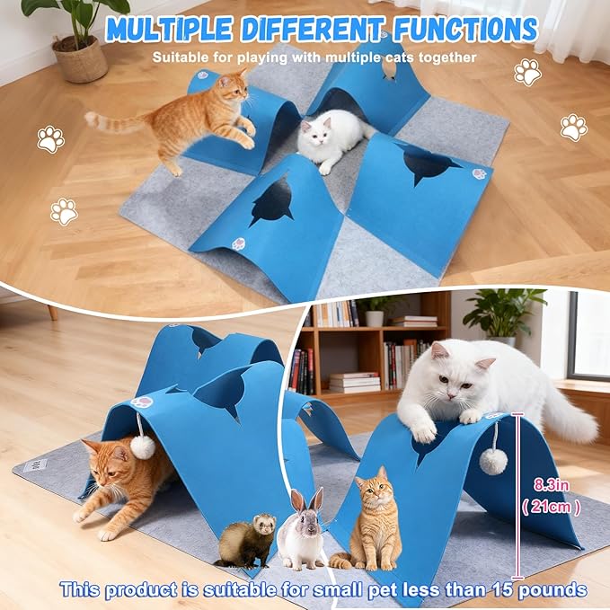 Interactive Cat Tunnel Mat for Indoor Cats, 4-Way Felt Cat Cave with Hanging Ball, Foldable Kitty Play Mat and Hideout, Pet Enrichment Toy for Kittens Rabbits Small Pets, Blue