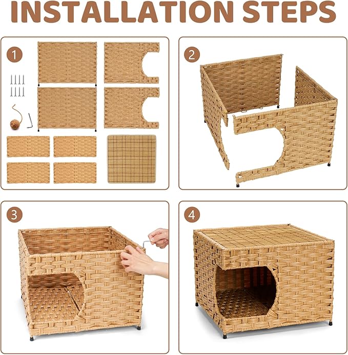 Cat House for Indoor Cats - Wicker Cat Bed with Double-Sided Soft Cushion, Decorative Handwoven Pet Bed Furniture