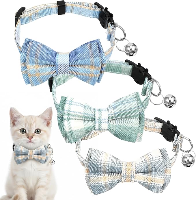 3pcs Bow Tie Cat Collar with Bells, Breakaway Bowtie Plaid Cat Collar, Soft Adjustable Bow Cats Collars for Kitten Puppy and Small Pets