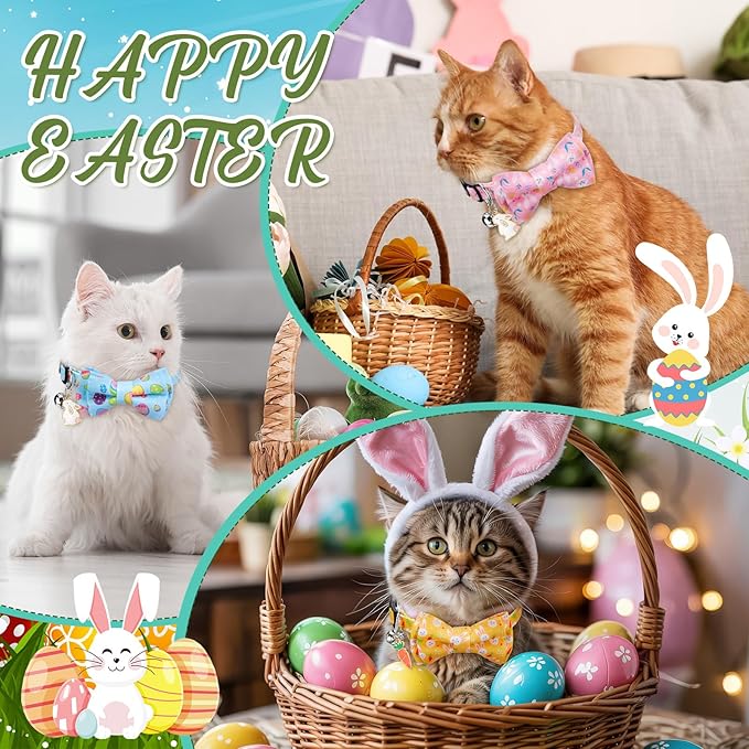 Hsei 6 Pcs Easter Cat Collar Bulk with Bow Tie Bell Spring Easter Eggs Carrots Bunny Rabbit Kitten Adjustable Breakaway Bowtie Collar for Boy Girl Cats Small Dog Pet Holiday Party Favors Gifts