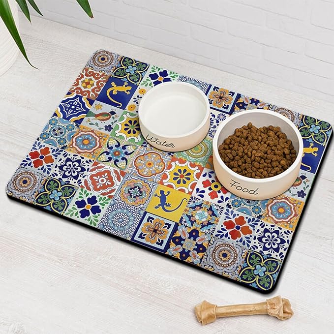 Moroccan Trellis Dog Food & Water Mat, Mexican Talavera Boho Colorful Pet Feeding Mat for Floor Non-Slip Waterproof, Super Absorbent Cat Bowl Mat, Easy to Clean Durable Pet Placemat,24" × 32"