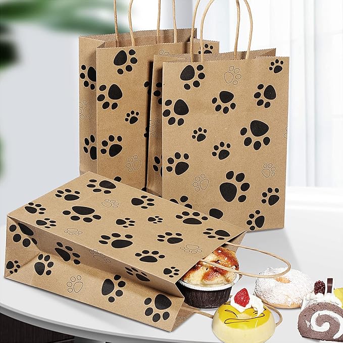 Blulu 20 Pcs Puppy Dog Paw Gift Bags with Paper Twist Handles, Dog Gift Paper Paw Treat Goodie Bags for PET Treat Party Favor, 6.3 x 3.1 x 8.6 Inch(Brown Backing)