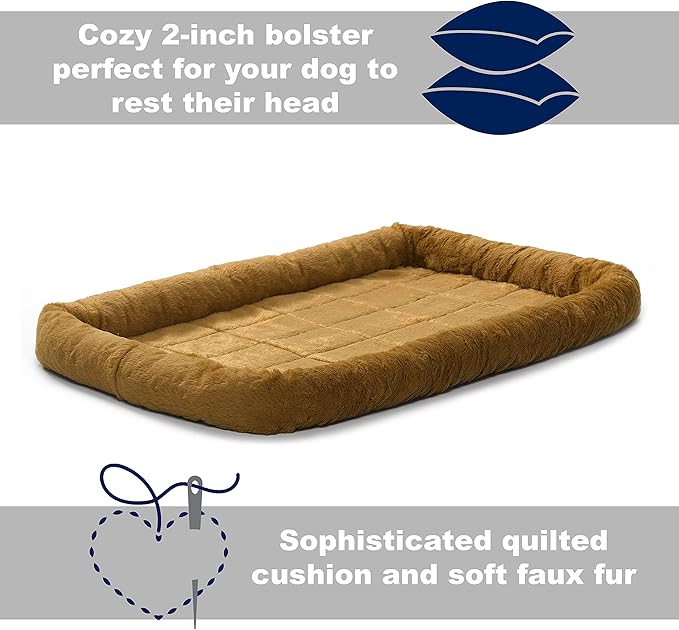 MidWest Homes for Pets QuietTime Dog Bed – Cinnamon Faux Fur Bolster, Ultra-Soft and Machine Washable, Fits 42-Inch Crates and Carriers, for Large Breed Dogs
