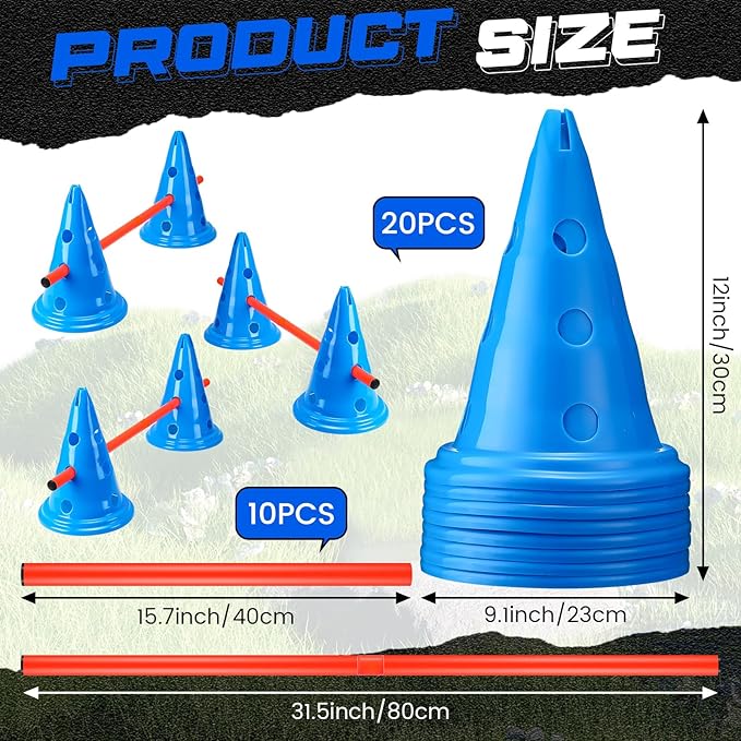 10 Sets Dog Agility Hurdle Cone Set 20 Pcs Exercise Cones with 10 Pcs Rods Adjustable Obstacle Portable Agility Training Equipment Canine Pole(Blue and Orange)