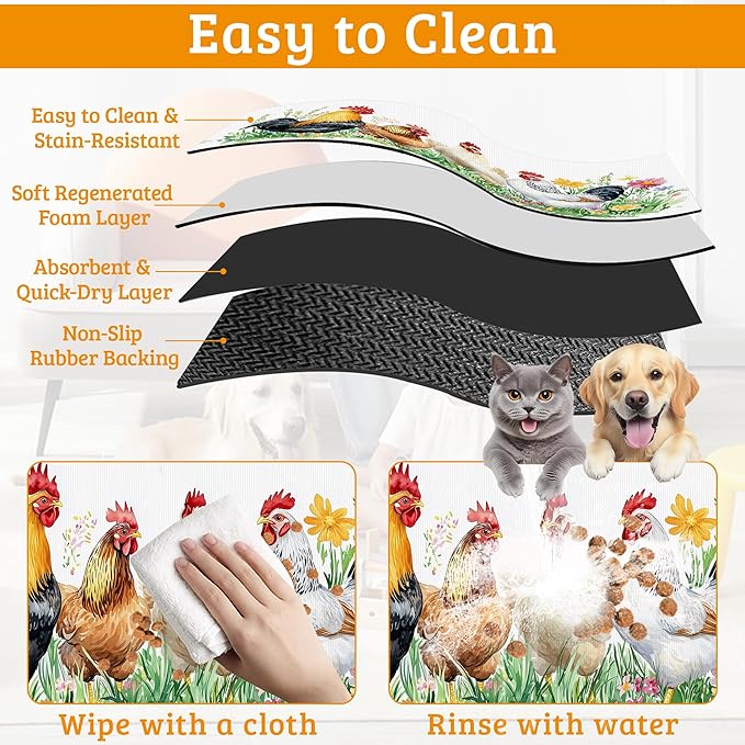 Chicken Rooster Dog Cat Food Mat,Green Grass Absorbent Waterproof Placemat for Food and Water Non Slip Rubber Backing Durable Feeding Pad for Clean Floors 16" x 24"