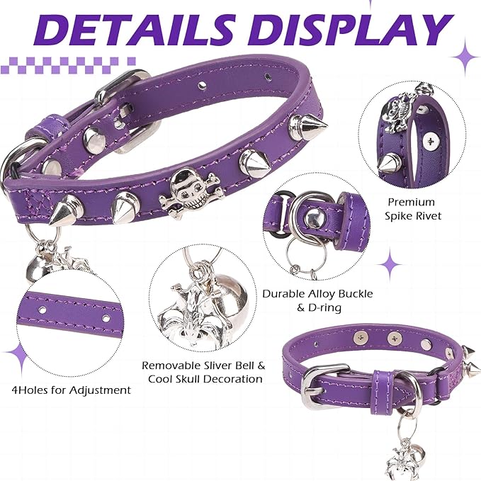 EXPAWLORER Leather Cat Collar for Girl Boy- Adjustable Pet Collar with Safety Elastic Belt,Personalized Punk Accessories Buckle Collars with Bell & Durable D-Ring, Rivet(Purple)