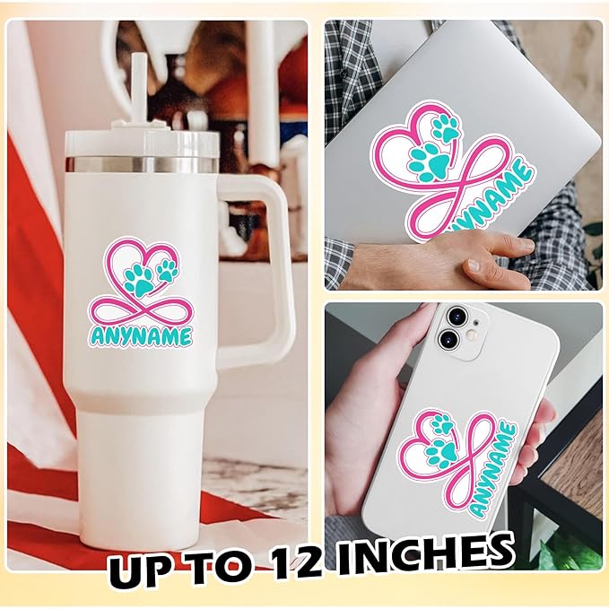 Custom Pet Name Sticker Personalized Text Infinity Heart Pawprint Animal Lovers Decal Waterproof Die Cut Vinyl & Transparent DTF Decal for Laptop Helmet Car Cup Phone Tablet for Male Female