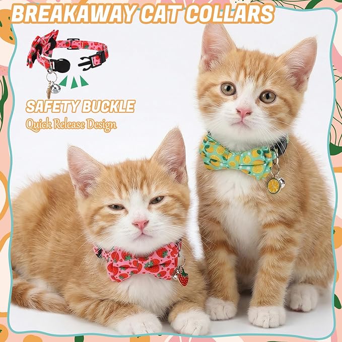 6 Pack Breakaway Cat Collars with Bow Tie and Bells Fruit Pendants Adjustable Safety Kitten Collar Fruit Cat Collar with Bell Ideal for Girl Boy Cats