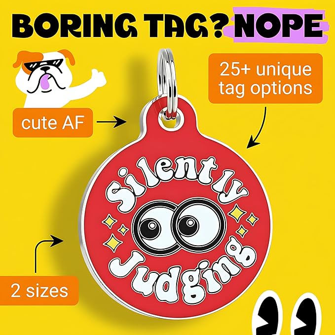 Bad Tags Personalized Dog and Cat ID Tags in 25+ Designs and 2 Sizes - 5 Lines of Custom Engraved Text - Funny Cute Personalized Pet Tags (Silently Judging - Red, Large (1.25 inch))