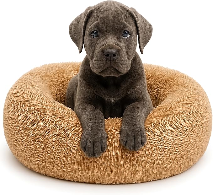 Calming Dog Bed - Fluffy Donut Cuddler for Anxiety Relief, Orthopedic Pet Bed with Non-Slip Bottom, Cozy Round Faux Fur Nest for Dogs and Cats, Plush Crate Mat for Comfort (Camel, Medium)